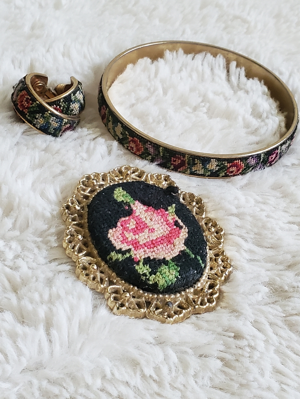 Vintage Petit Point Floral Jewelry Set Brooch Bangle Clip-on Earrings